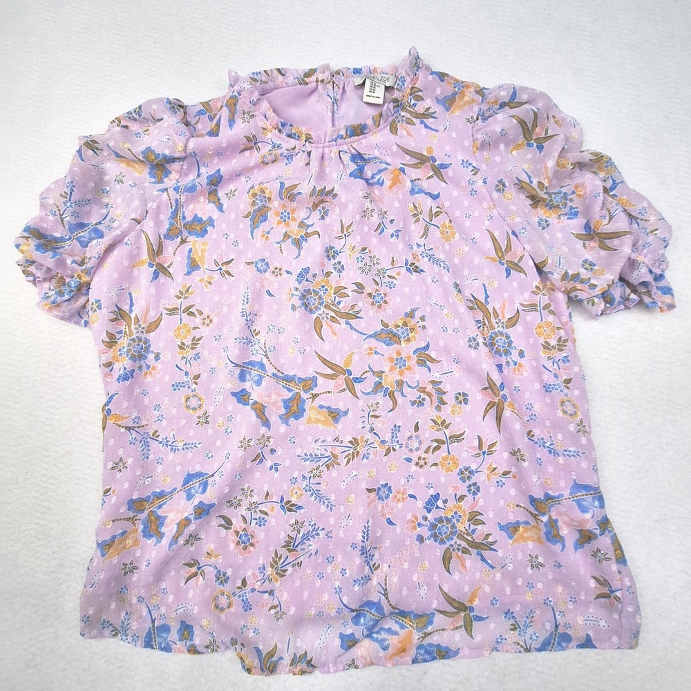 Rachel Zoe Blouse Womens XL Purple Floral Clip Dot Flutter Sleeve Mock Neck Top